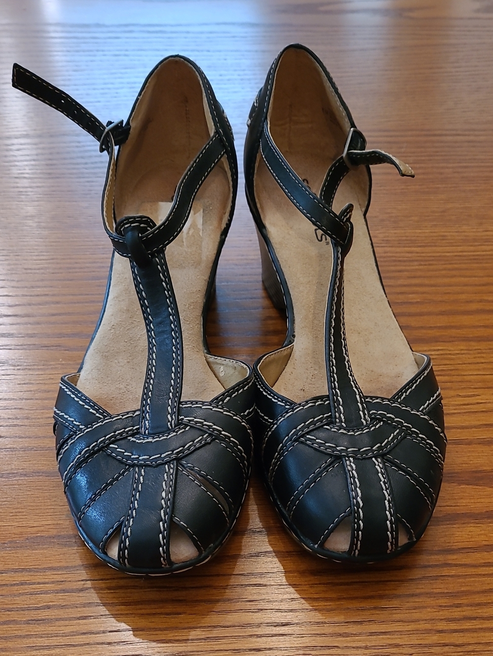 Softspots Black T-Strap Wedge heels